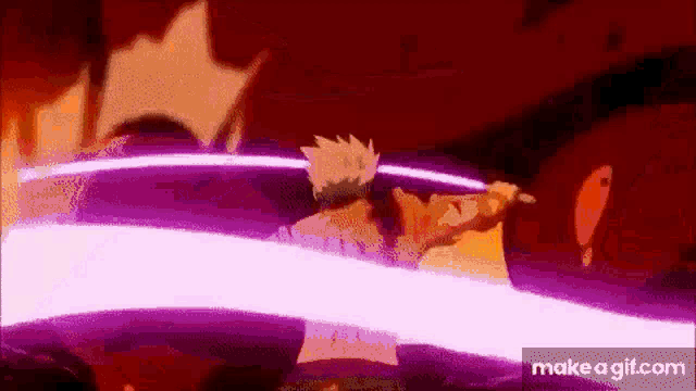 a person is holding a sword in their hand and a purple light is coming out of their hand .