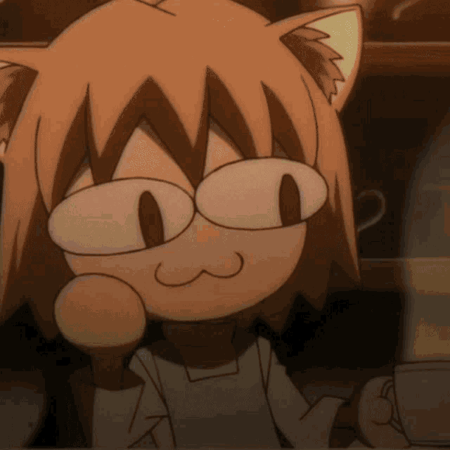 a close up of a cartoon character with a cat ear holding a cup of coffee