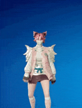 a girl with pink hair is wearing a mask and a jacket