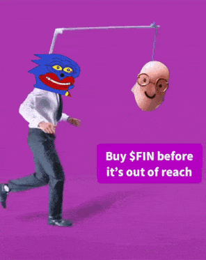 a purple background with a cartoon character and the words buy $ fin before it 's out of reach below it