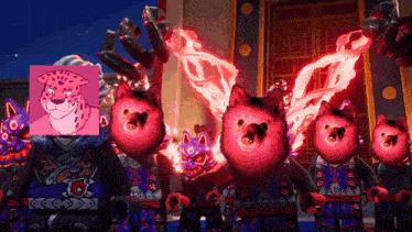 a group of lego ninjago characters with their faces on fire