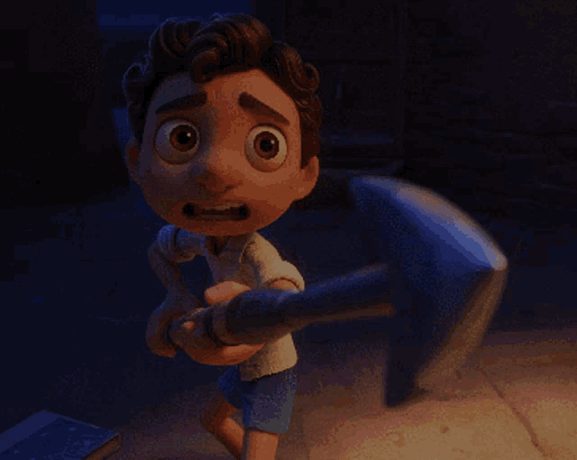 a cartoon boy is holding a large axe in his hand