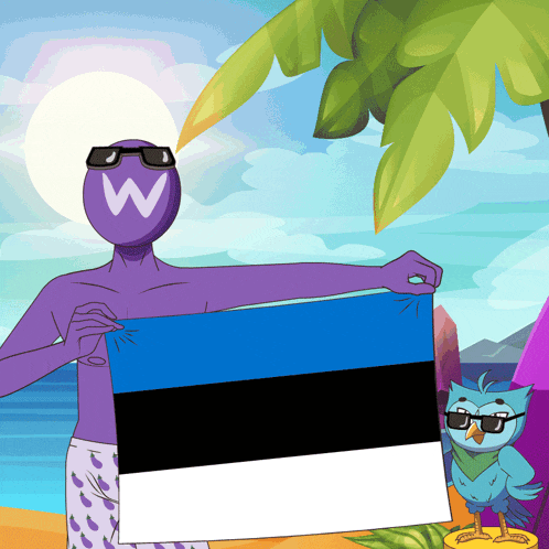 a cartoon character with a w on his head holds a flag
