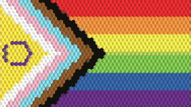 a pixelated rainbow flag with a yellow circle in the middle