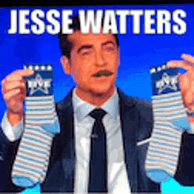 a man in a suit and tie is holding a pair of striped socks with the name jesse watters written above him