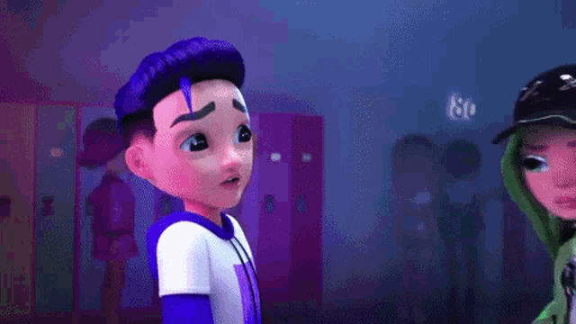 a boy and a girl standing next to each other in a locker room .