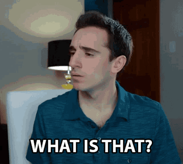 a man in a blue shirt is sitting in a chair and saying what is that .