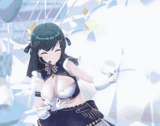 a girl with green hair and white gloves is standing in front of a white wall