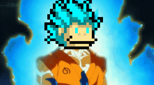 a pixel art of a man with blue hair and a naruto symbol on his chest