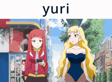 two anime girls are standing next to each other and the word yuri is on the top