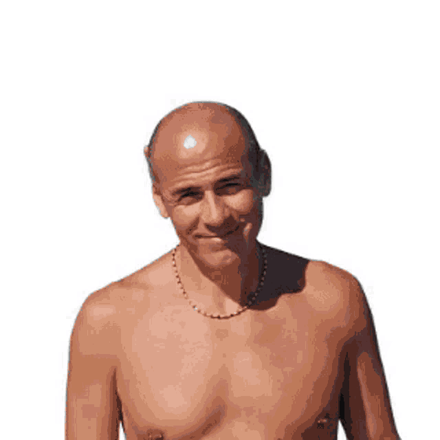 a shirtless man with a chain around his neck is smiling and says dobbiamo ottimizzare .