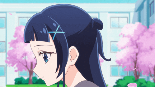 a girl with a blue x in her hair stands in front of a building