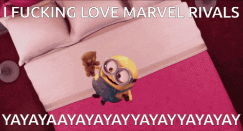 a cartoon of a minion holding a teddy bear with the words " i fucking love marvel rivals " below it