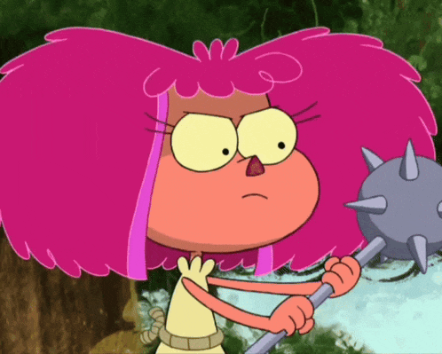 a cartoon character with pink hair is holding a gray object with spikes on it