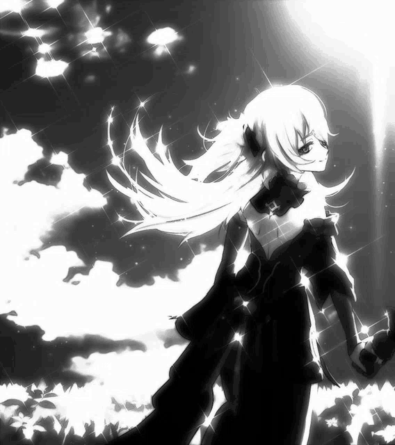 a black and white drawing of a girl with long white hair standing in a field of flowers
