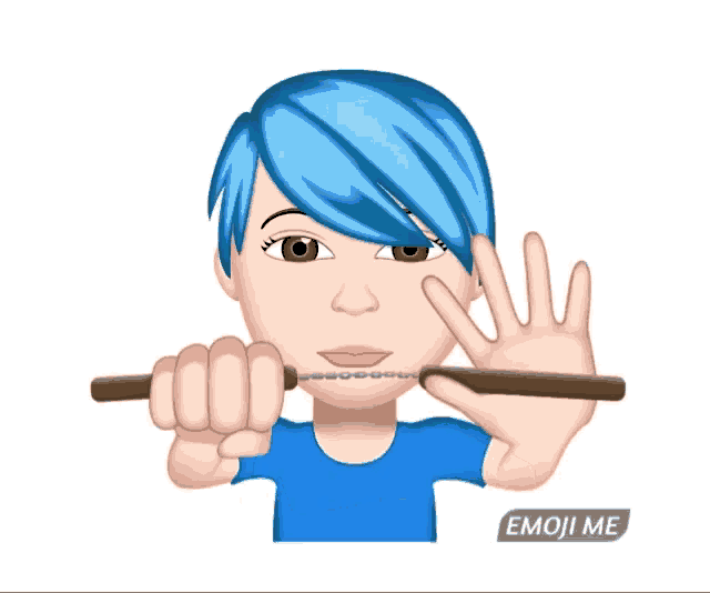 a cartoon of a girl with blue hair holding a stick in front of her mouth