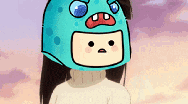 a cartoon of a girl wearing a blue helmet with a face on it