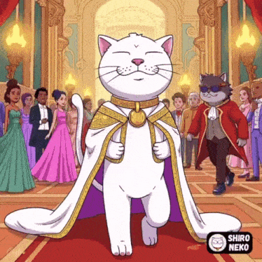 a cartoon of a cat wearing a purple cape and a gold medallion