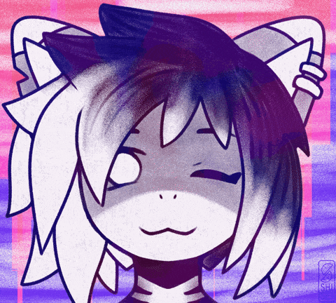 a drawing of a girl with purple hair and a pink background