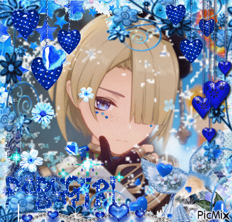 a picture of a girl surrounded by blue hearts and flowers has the word picmix at the bottom