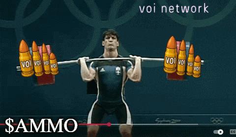 a cartoon of a man lifting a barbell with the word ammo on the bottom right