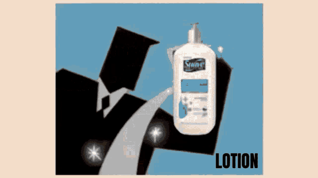 a bottle of suave lotion sits next to a man in a suit