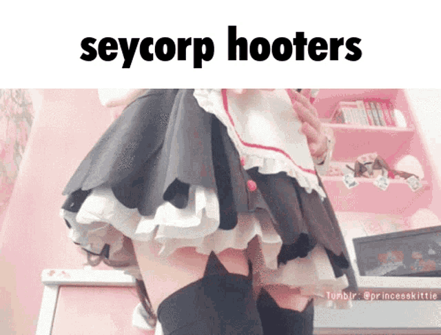 a picture of a girl in a maid costume with the words seycorp hooters below her