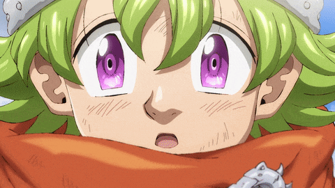 a girl with green hair and purple eyes is wearing an orange scarf