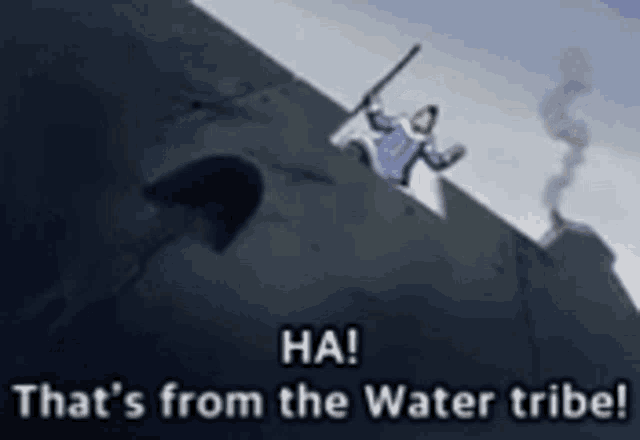 a picture of a person holding a sword with the words " that 's from the water tribe "