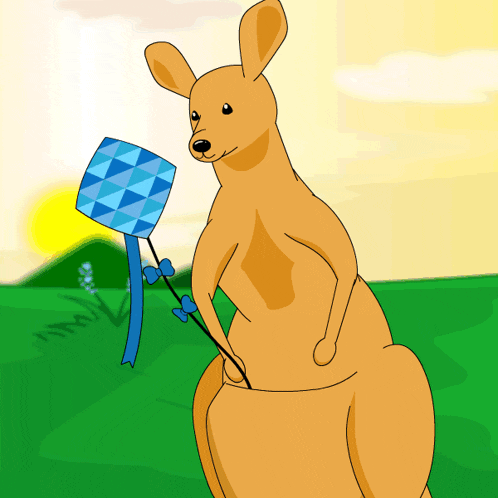 a kangaroo is holding a blue kite in its paw