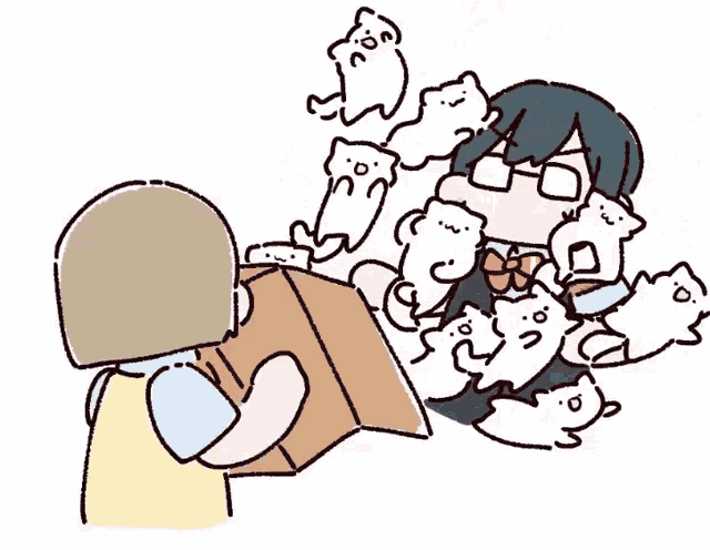 a cartoon of a person holding a box with a bunch of cats coming out of it