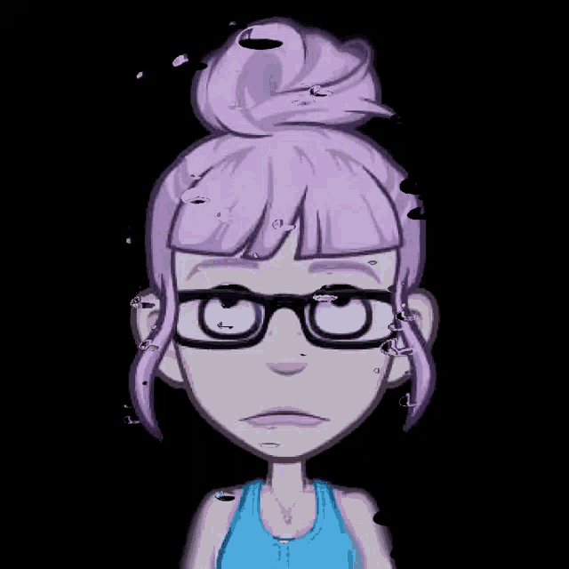 a cartoon girl with purple hair and glasses is wearing a blue tank top and a bun .
