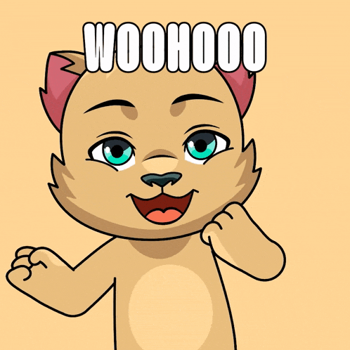 a cartoon of a cat with the word woohoo on its face