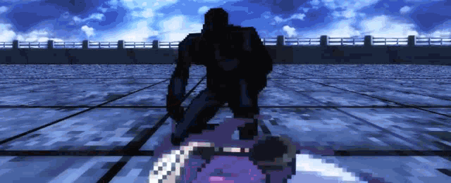 a pixel art of a man kneeling down next to a woman holding a sword