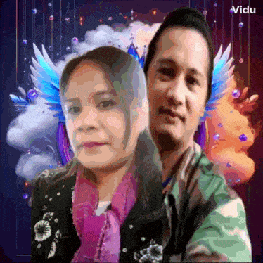 a man and a woman are standing next to each other with wings on their heads and the words " vidu " below them