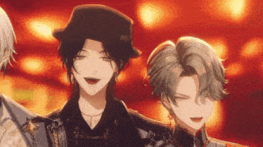 three anime characters are standing next to each other with one wearing a hat .
