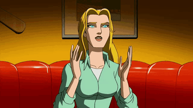 a cartoon woman is sitting on a red couch with her hands up
