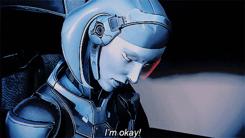 a video game character says " i 'm okay " while wearing a helmet
