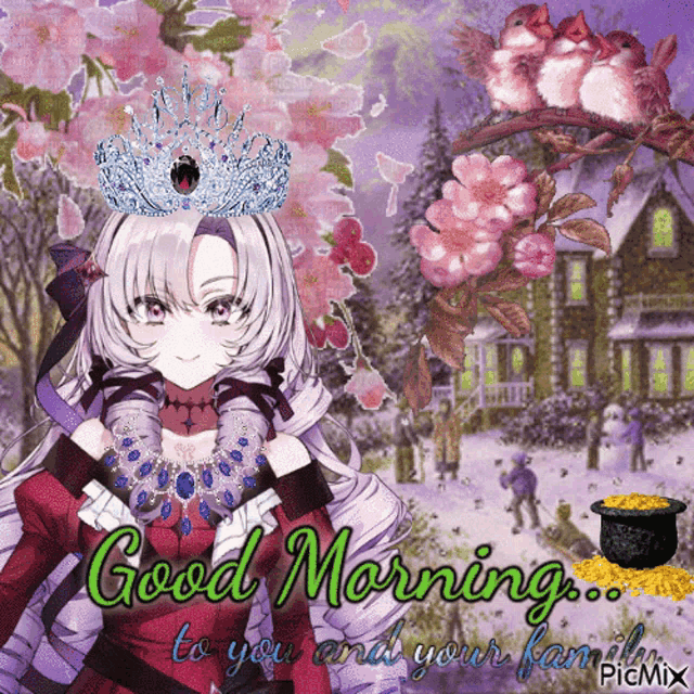 a picture of a girl with a crown on her head and the words " good morning to you and your family "