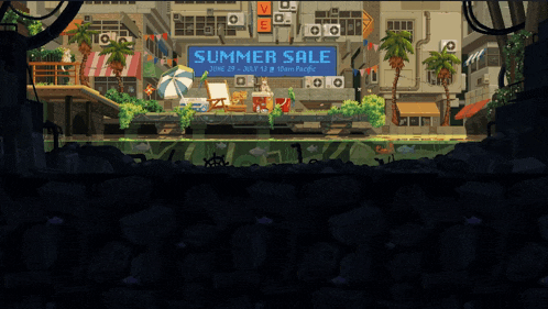 a pixel art of a city with a sign that says summer sale on it