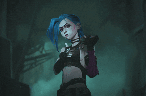a cartoon character with blue hair and pink spots on her face