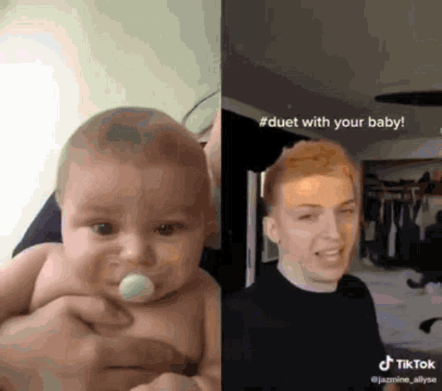 a man is holding a baby with a pacifier in his mouth and another man is holding a baby in his arms