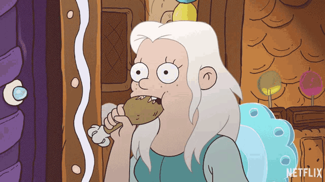 a cartoon character from netflix is eating a piece of cake