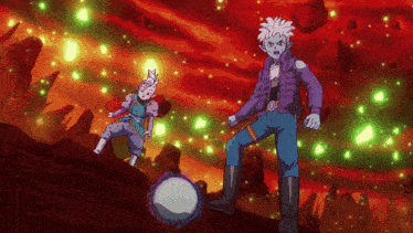a couple of cartoon characters standing next to each other with a red background