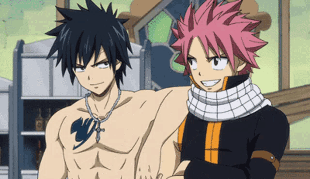 a couple of anime characters standing next to each other one with a tattoo on his chest that says fairy tail