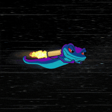 a blue and purple frog with a rocket on its back is flying in space