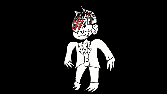 a black and white drawing of a cartoon character in a suit and tie with red hair .