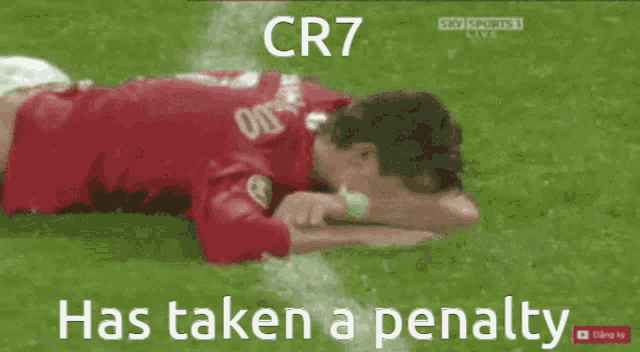 a soccer player laying on the field with the words cr7 has taken a penalty above him