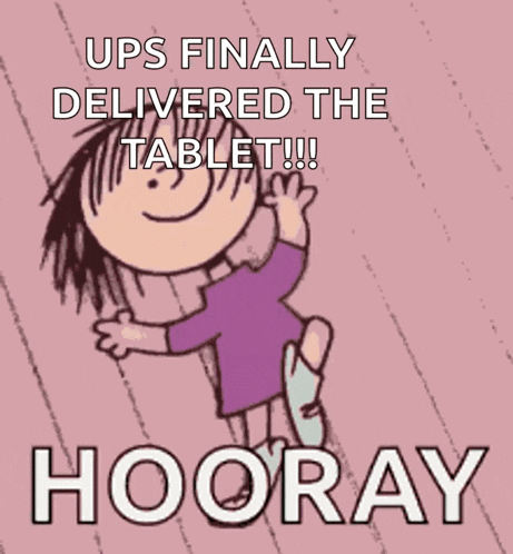 a cartoon says ups finally delivered the tablet and hooray
