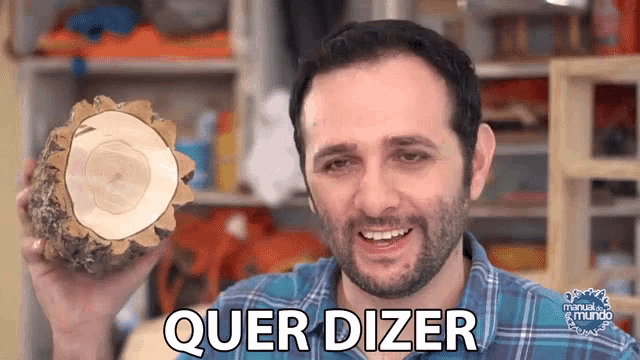 a man in a plaid shirt is holding a piece of wood and says " quer dizer "
